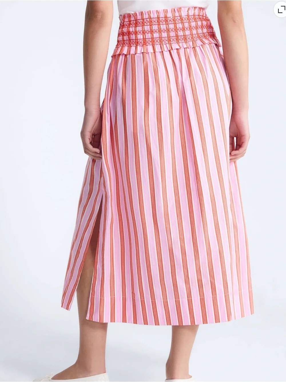Free assembly, striped cotton, midi skirt with smocked waist